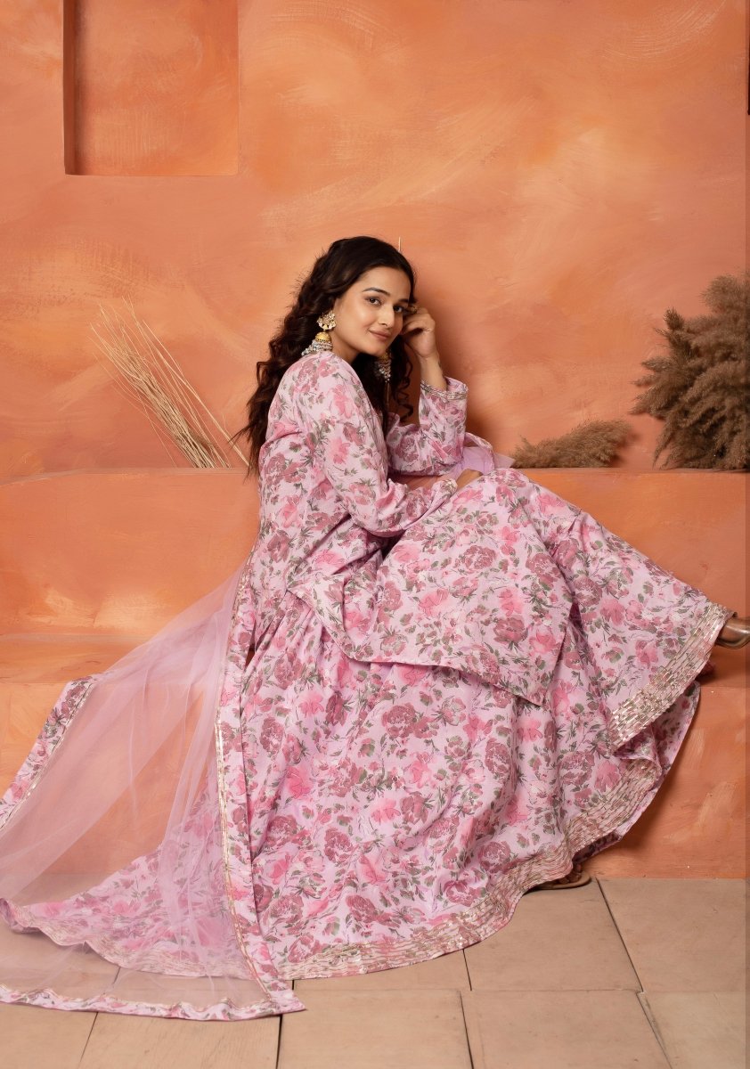 DHOOP CHAAV PINK COTTON PRINTED GOTA PATTI KURTA SKIRT SET WITH NET DUPATTA - Pomcha Jaipur