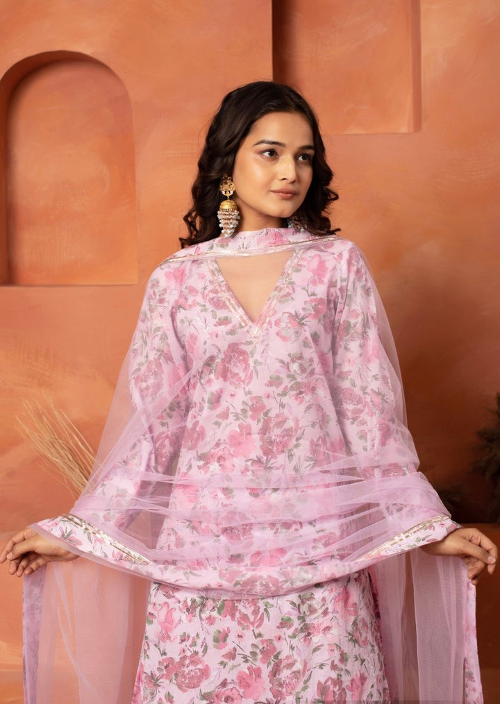 DHOOP CHAAV PINK COTTON PRINTED GOTA PATTI KURTA SKIRT SET WITH NET DUPATTA - Pomcha Jaipur