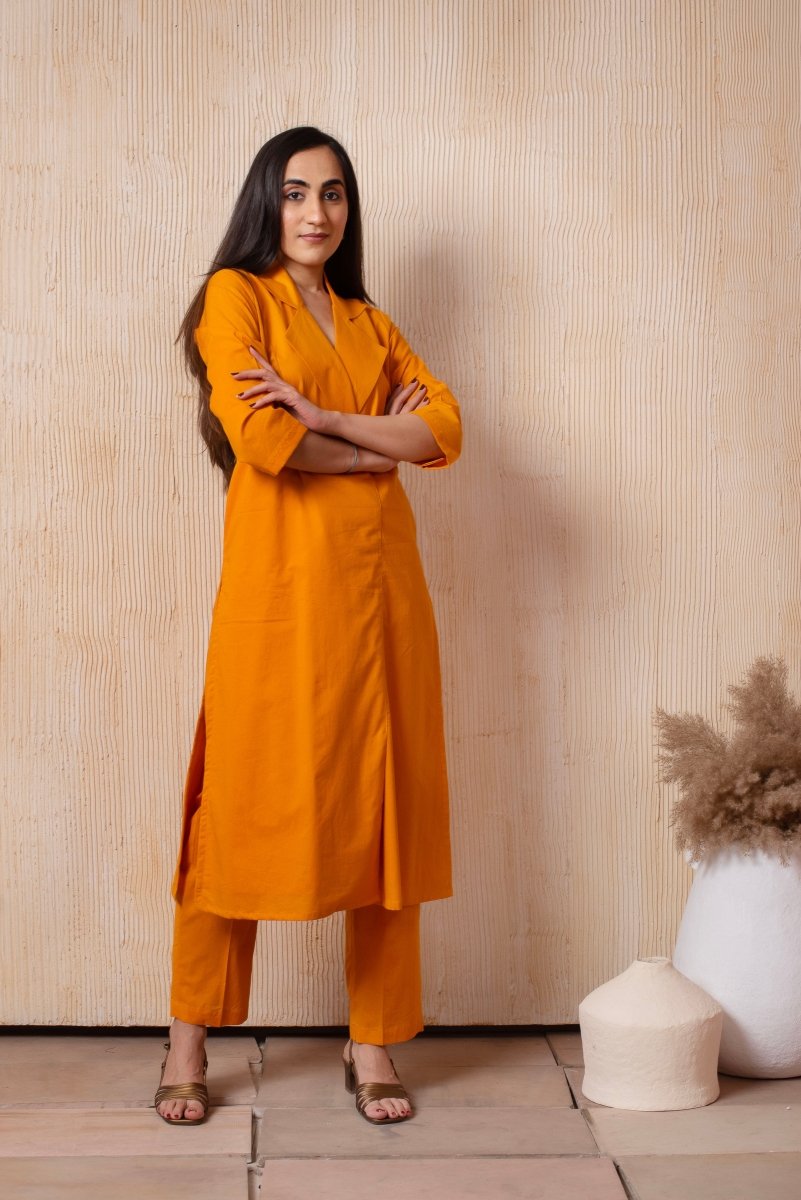 DHOOP CHAAV PUMPKIN ORANGE COTTON COLLARED CO - ORD SET - Pomcha Jaipur