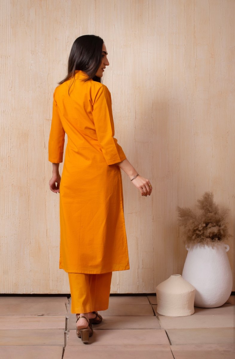 DHOOP CHAAV PUMPKIN ORANGE COTTON COLLARED CO - ORD SET - Pomcha Jaipur