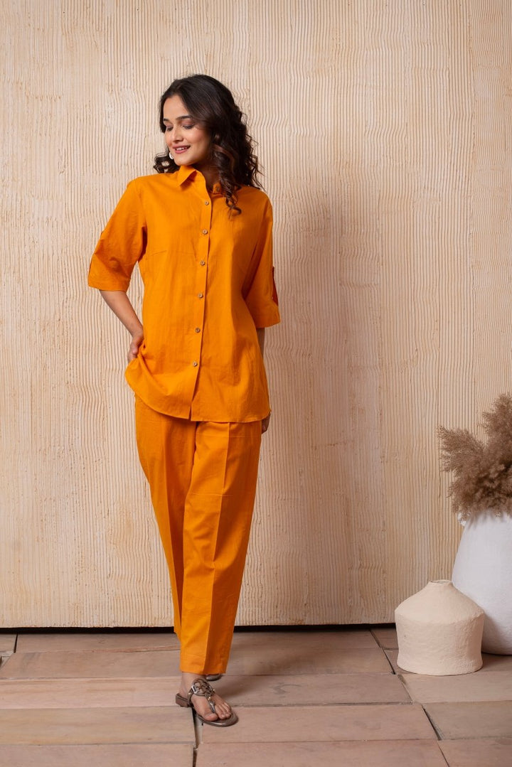 DHOOP CHAAV PUMPKIN ORANGE COTTON SHIRT AND PANT SET - Pomcha Jaipur