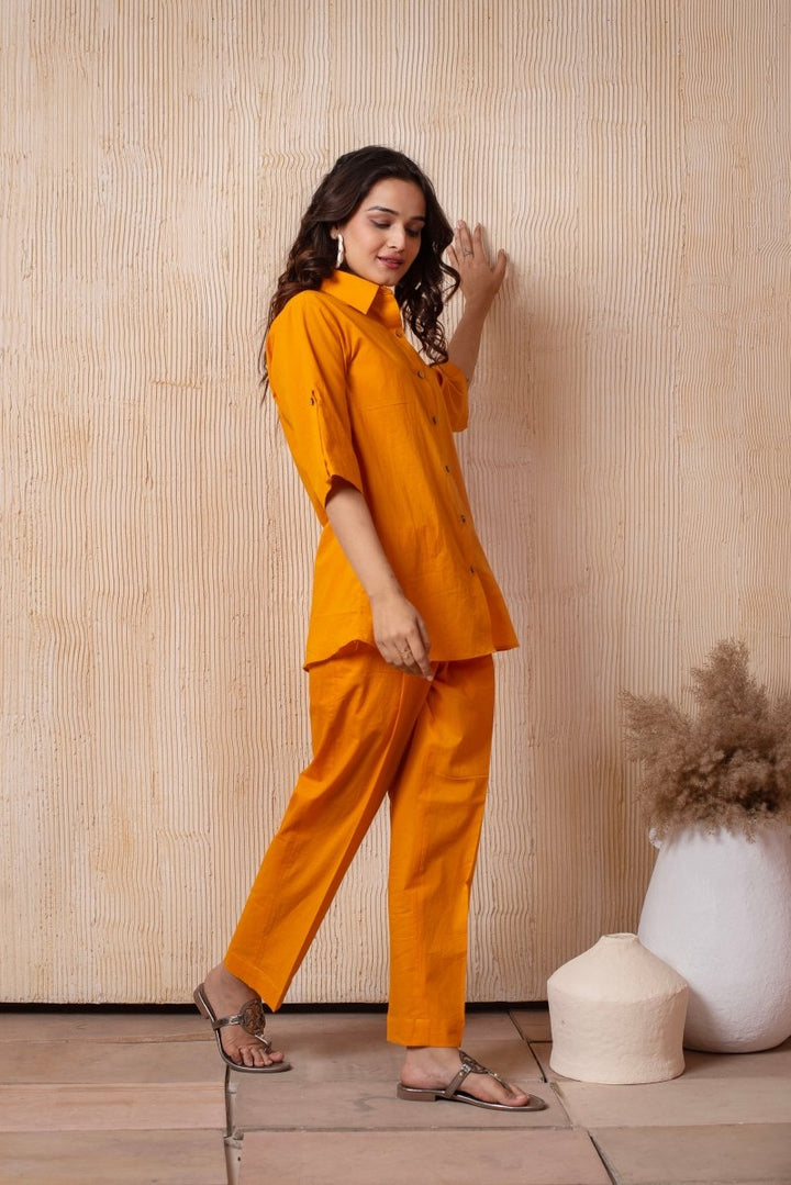 DHOOP CHAAV PUMPKIN ORANGE COTTON SHIRT AND PANT SET - Pomcha Jaipur