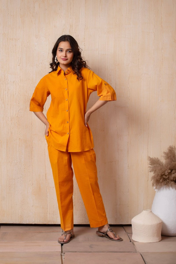 DHOOP CHAAV PUMPKIN ORANGE COTTON SHIRT AND PANT SET - Pomcha Jaipur