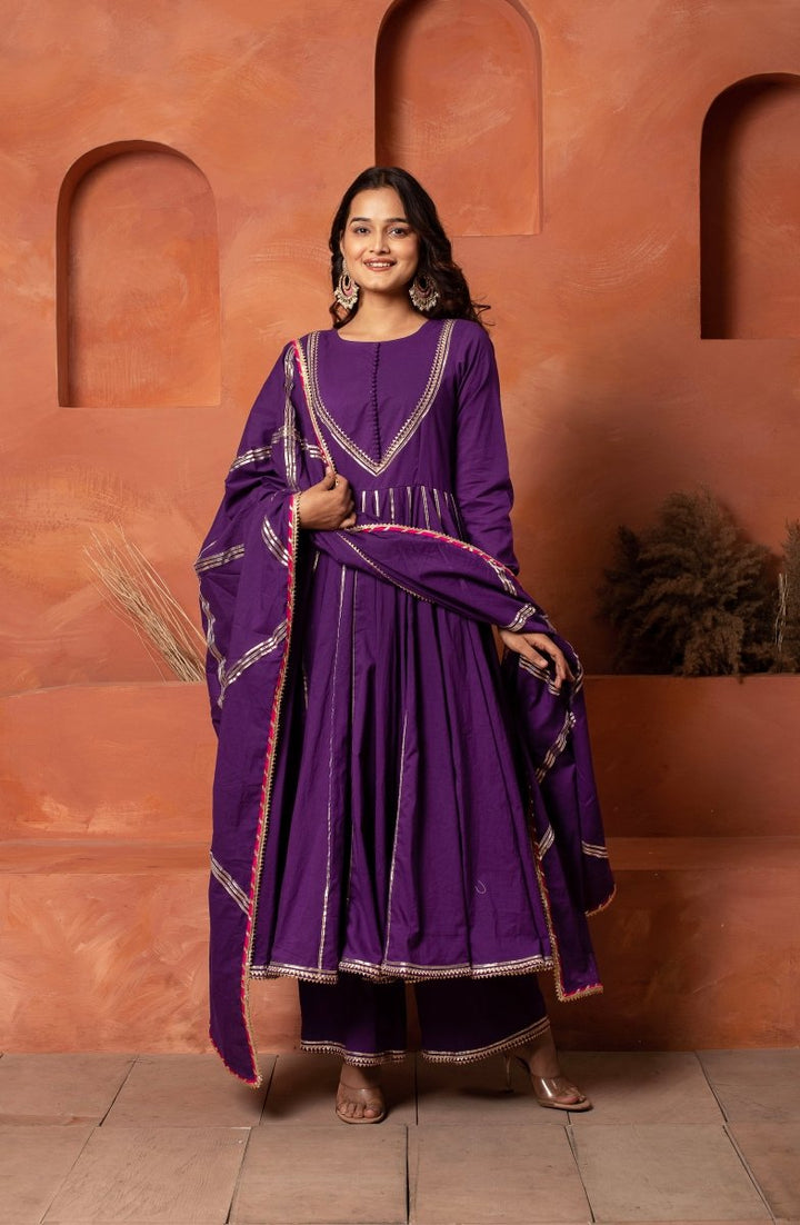 DHOOP CHAAV PURPLE GOTA PATTI ANARKALI WITH COTTON GOTA JAAL DUPATTA - Pomcha Jaipur