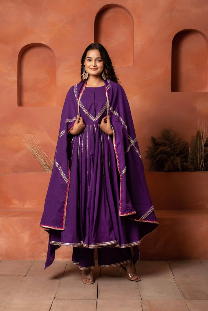 DHOOP CHAAV PURPLE GOTA PATTI ANARKALI WITH COTTON GOTA JAAL DUPATTA - Pomcha Jaipur