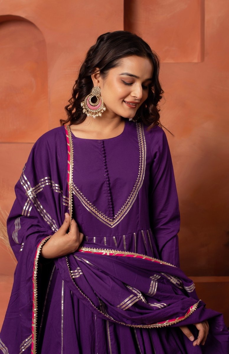 DHOOP CHAAV PURPLE GOTA PATTI ANARKALI WITH COTTON GOTA JAAL DUPATTA - Pomcha Jaipur