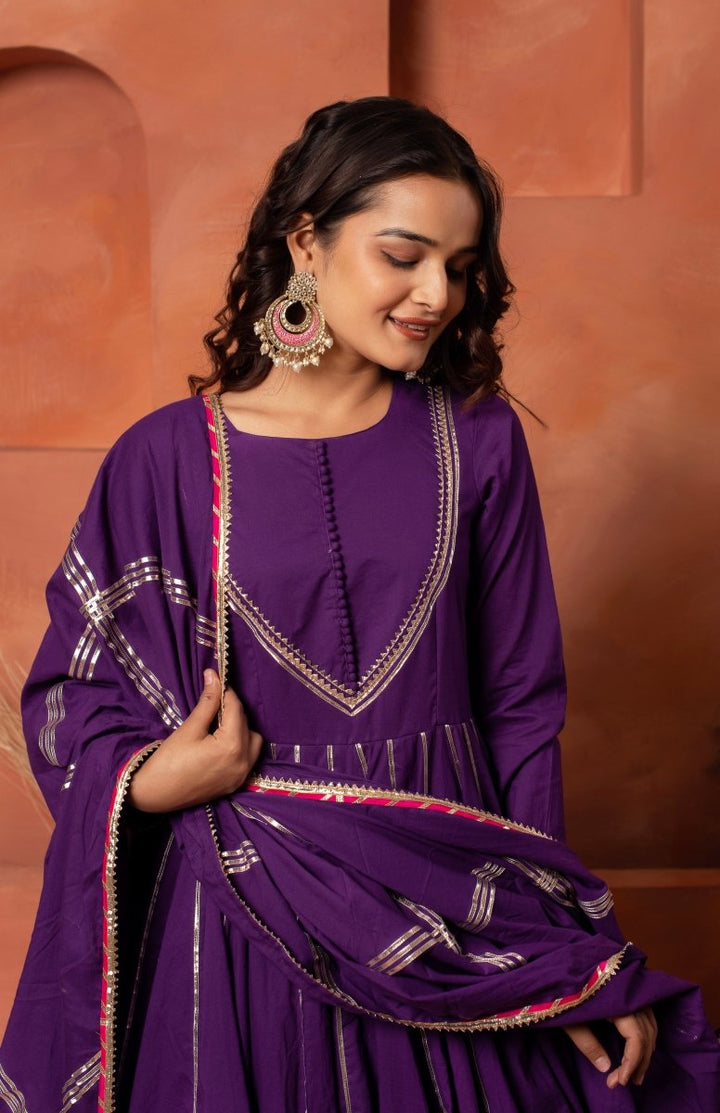 DHOOP CHAAV PURPLE GOTA PATTI ANARKALI WITH COTTON GOTA JAAL DUPATTA - Pomcha Jaipur