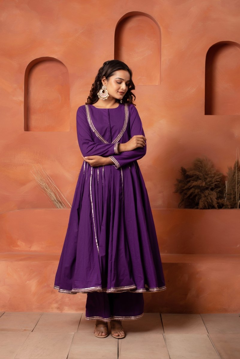 DHOOP CHAAV PURPLE GOTA PATTI ANARKALI WITH COTTON GOTA JAAL DUPATTA - Pomcha Jaipur