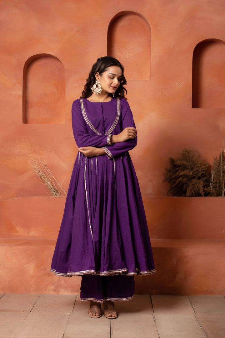 DHOOP CHAAV PURPLE GOTA PATTI ANARKALI WITH COTTON GOTA JAAL DUPATTA - Pomcha Jaipur