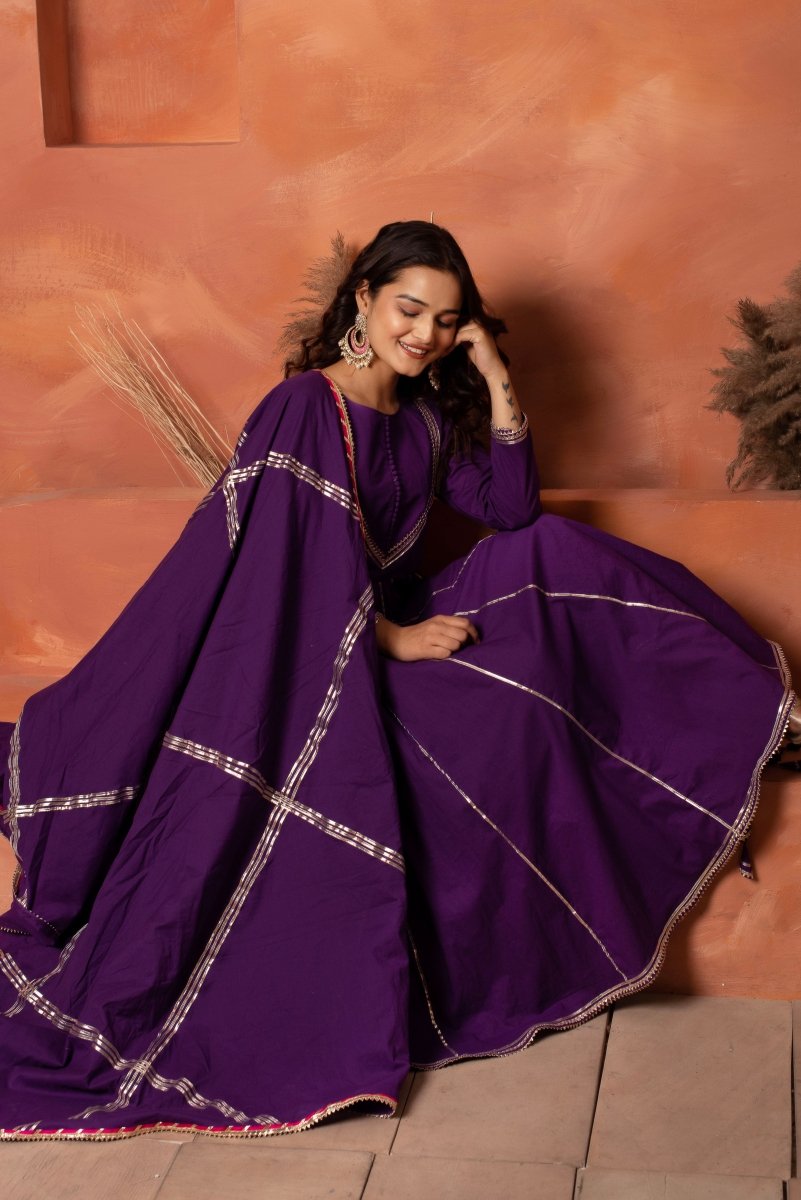 DHOOP CHAAV PURPLE GOTA PATTI ANARKALI WITH COTTON GOTA JAAL DUPATTA - Pomcha Jaipur