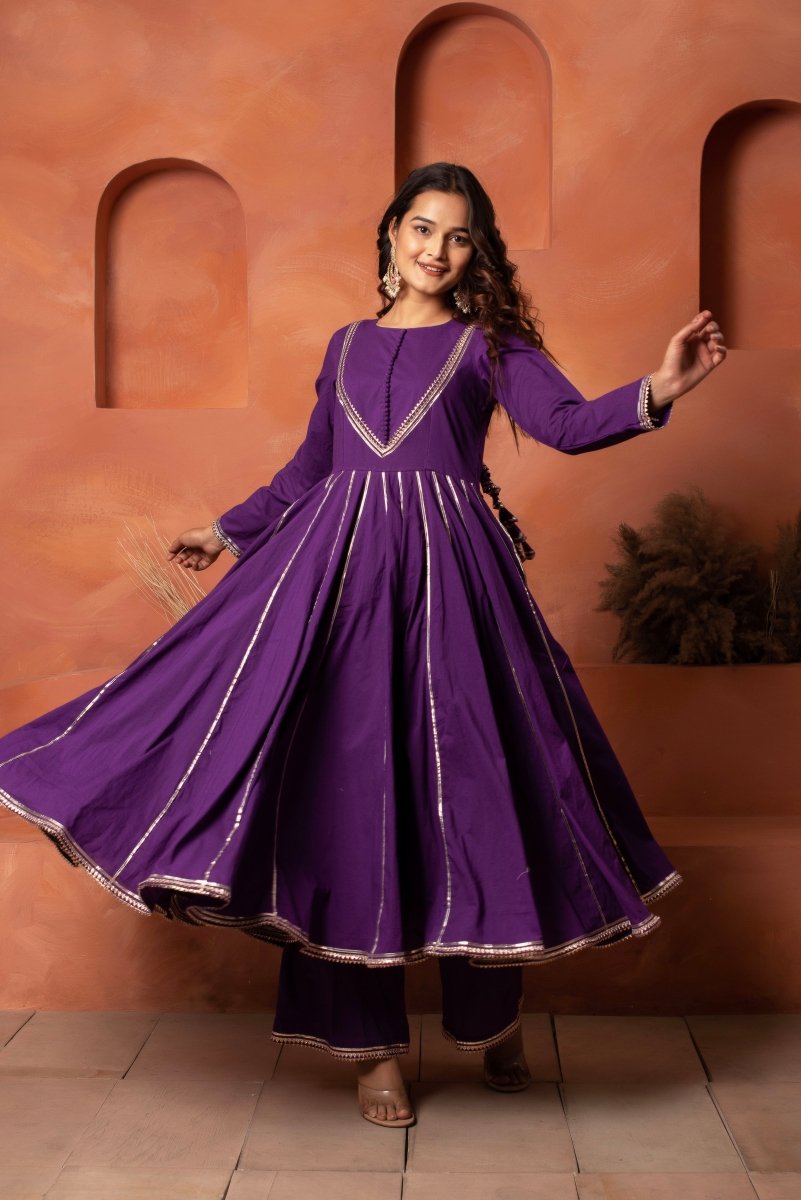 DHOOP CHAAV PURPLE GOTA PATTI ANARKALI WITH COTTON GOTA JAAL DUPATTA - Pomcha Jaipur