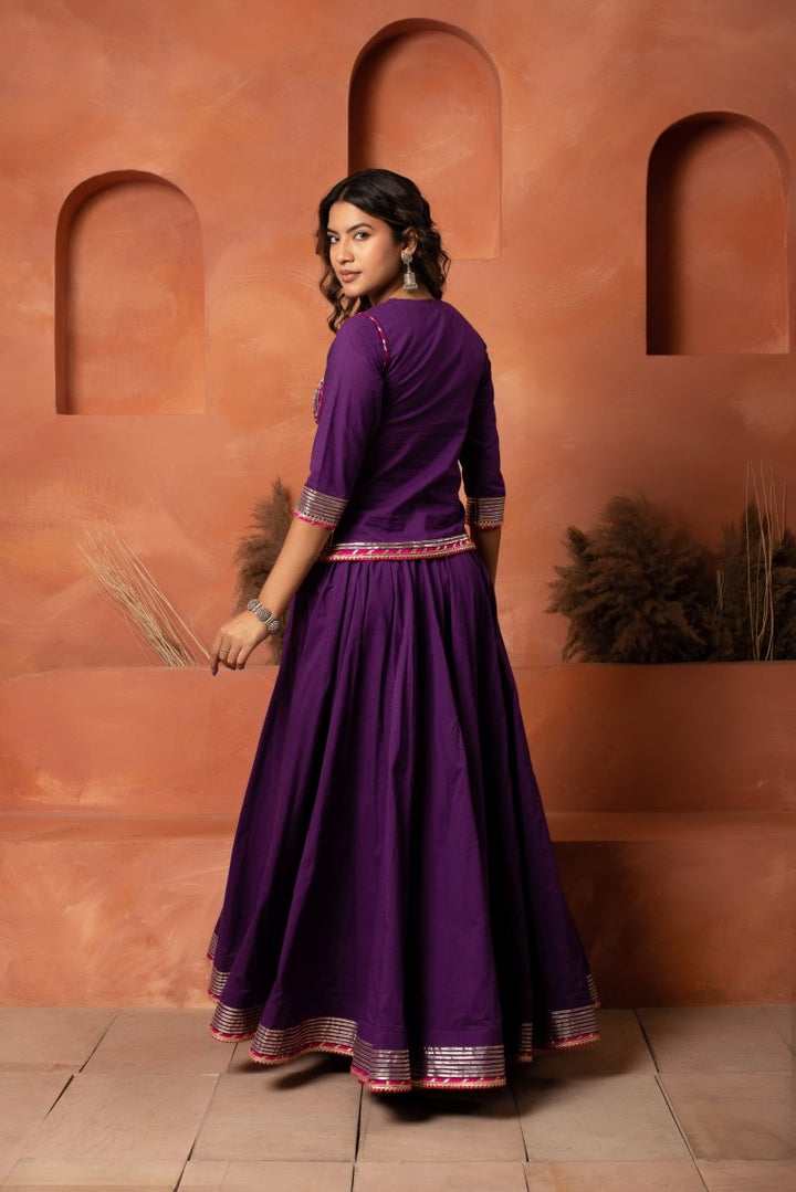 DHOOP CHAAV PURPLE GOTA PATTI COTTON LEHENGA SET WITH GOTA JAAL COTTON DUPATTA - Pomcha Jaipur