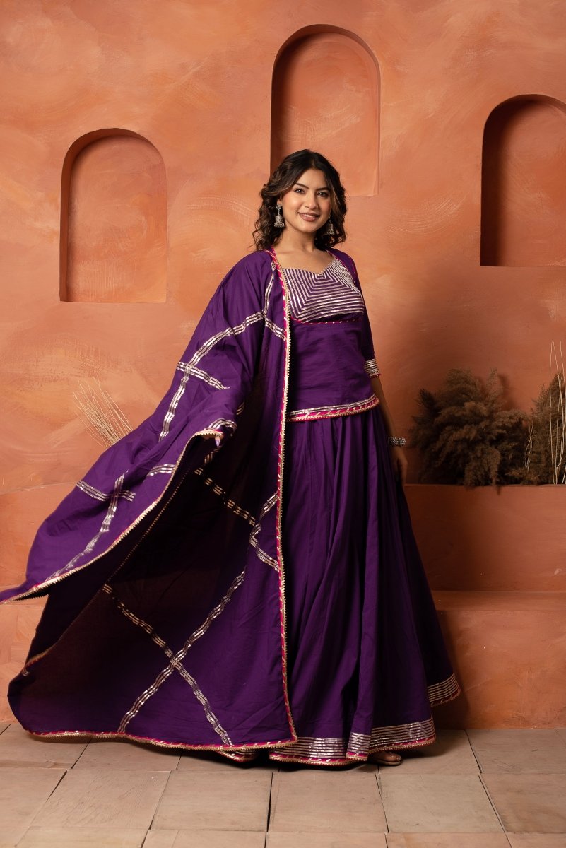 DHOOP CHAAV PURPLE GOTA PATTI COTTON LEHENGA SET WITH GOTA JAAL COTTON DUPATTA - Pomcha Jaipur
