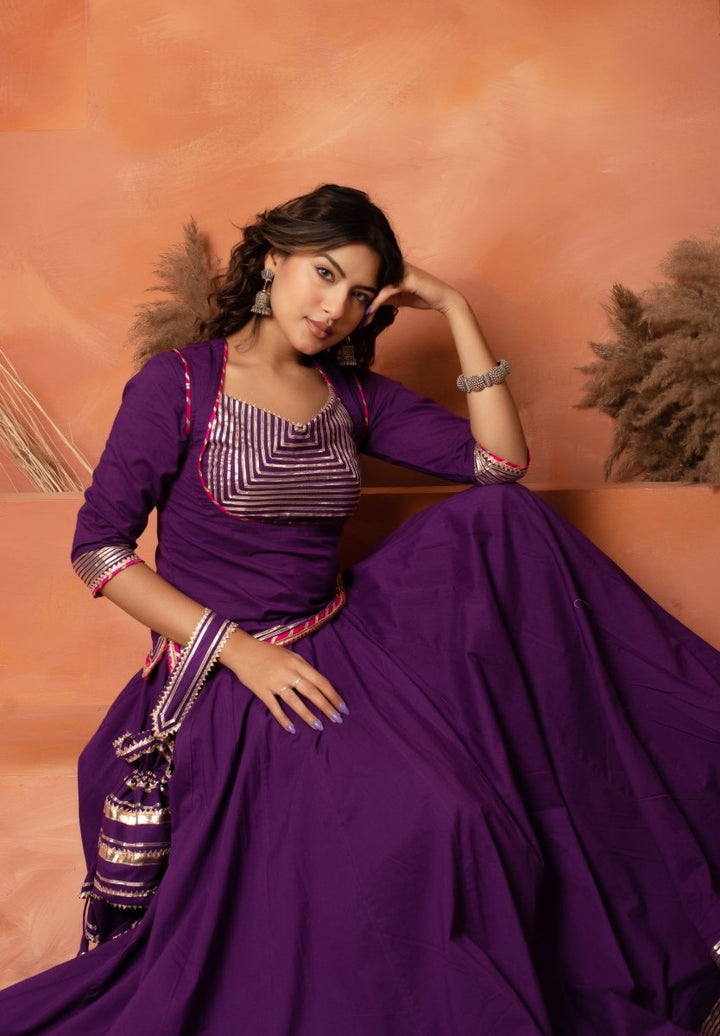 DHOOP CHAAV PURPLE GOTA PATTI COTTON LEHENGA SET WITH GOTA JAAL COTTON DUPATTA - Pomcha Jaipur