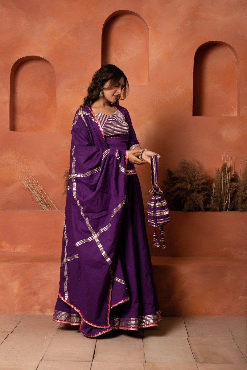 DHOOP CHAAV PURPLE GOTA PATTI COTTON LEHENGA SET WITH GOTA JAAL COTTON DUPATTA - Pomcha Jaipur