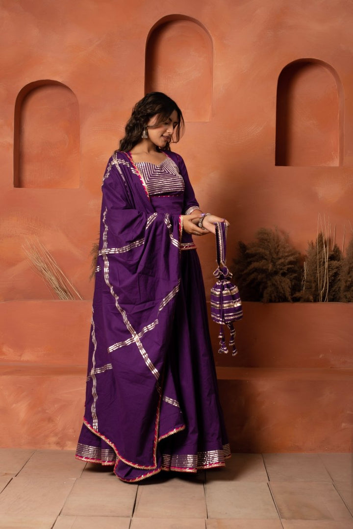DHOOP CHAAV PURPLE GOTA PATTI COTTON LEHENGA SET WITH GOTA JAAL COTTON DUPATTA - Pomcha Jaipur
