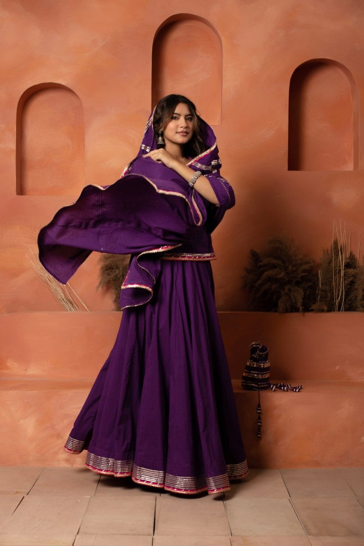 DHOOP CHAAV PURPLE GOTA PATTI COTTON LEHENGA SET WITH GOTA JAAL COTTON DUPATTA - Pomcha Jaipur