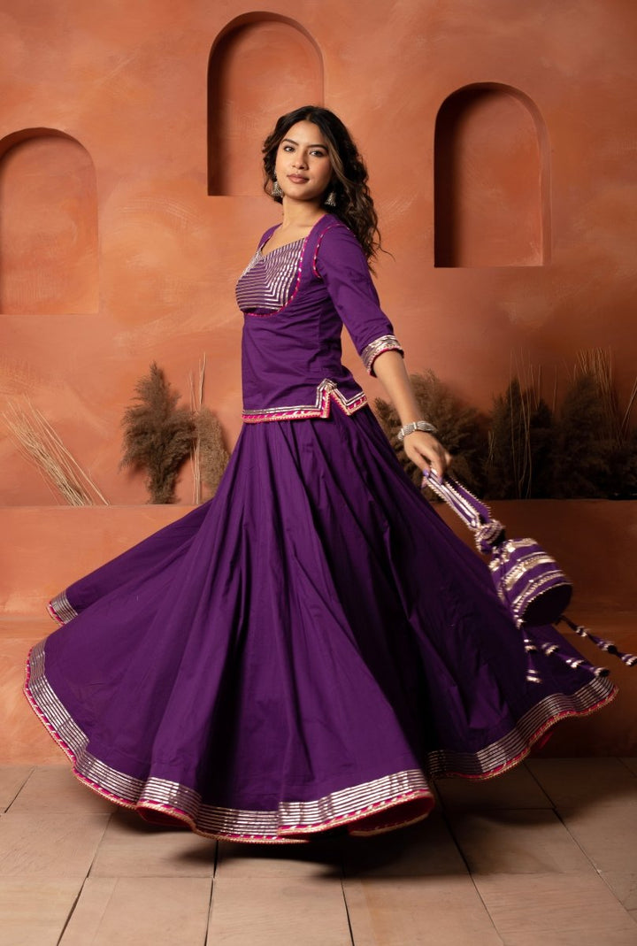DHOOP CHAAV PURPLE GOTA PATTI COTTON LEHENGA SET WITH GOTA JAAL COTTON DUPATTA - Pomcha Jaipur