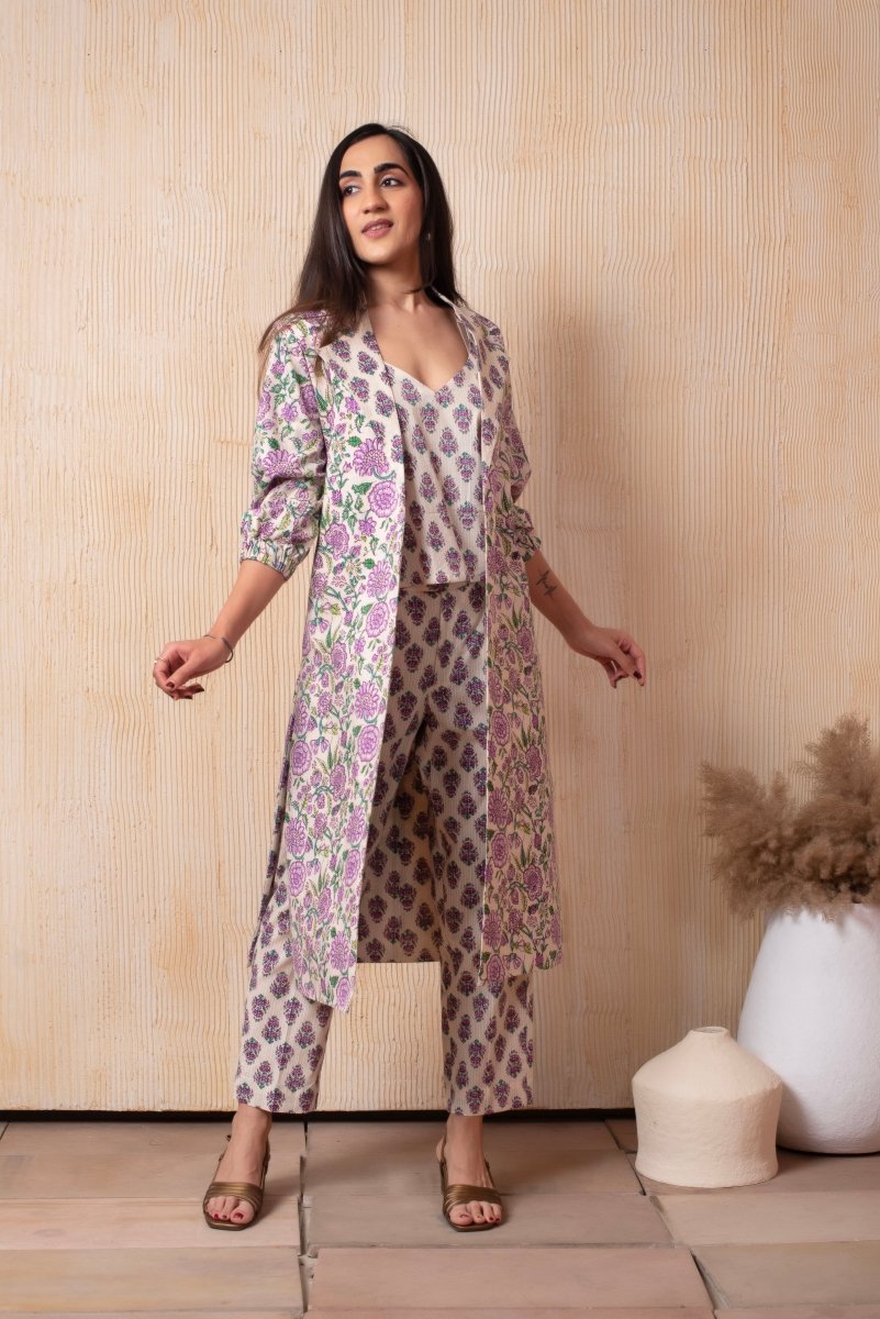 DHOOP - CHAAV RAHA OFF - WHITE COTTON HAND BLOCK BUSTIER AND PANT WITH BLAZER - Pomcha Jaipur