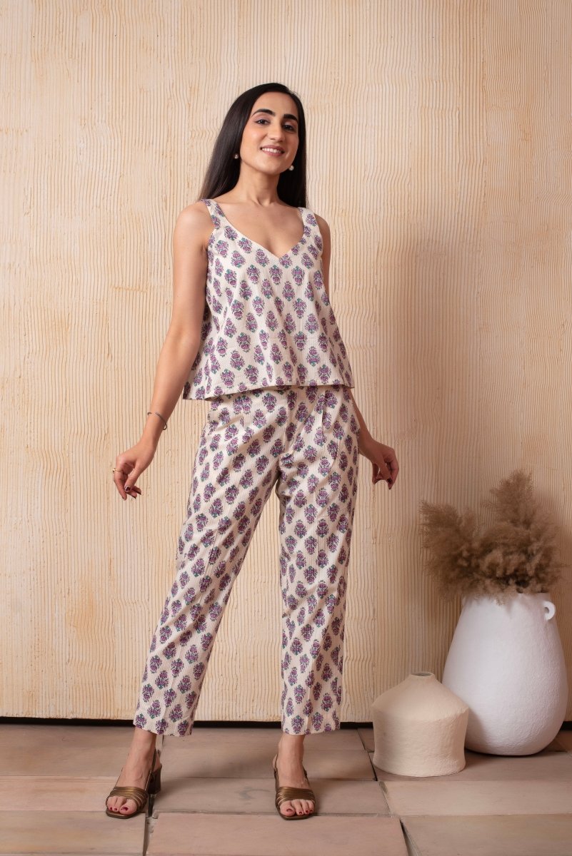 DHOOP - CHAAV RAHA OFF - WHITE COTTON HAND BLOCK BUSTIER AND PANT WITH BLAZER - Pomcha Jaipur