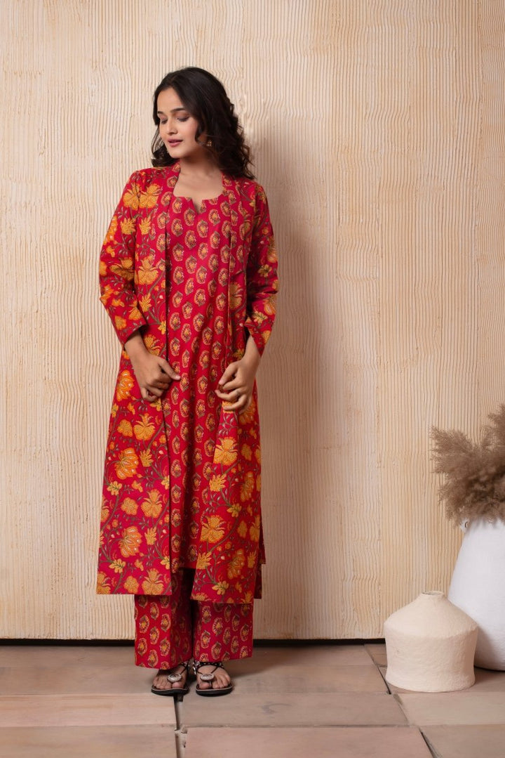 DHOOP - CHAAV RAHA RED COTTON HAND BLOCK KURTA AND PANT WITH BLAZER - Pomcha Jaipur
