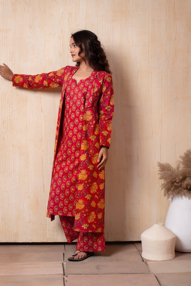 DHOOP - CHAAV RAHA RED COTTON HAND BLOCK KURTA AND PANT WITH BLAZER - Pomcha Jaipur