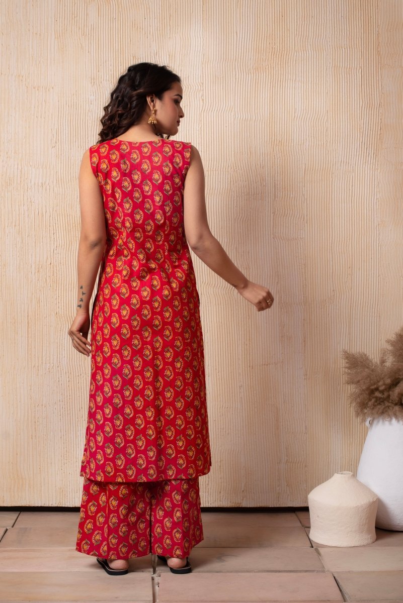DHOOP - CHAAV RAHA RED COTTON HAND BLOCK KURTA AND PANT WITH BLAZER - Pomcha Jaipur