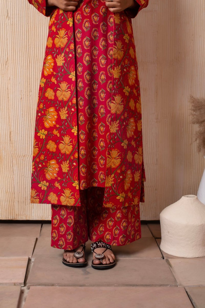 DHOOP - CHAAV RAHA RED COTTON HAND BLOCK KURTA AND PANT WITH BLAZER - Pomcha Jaipur