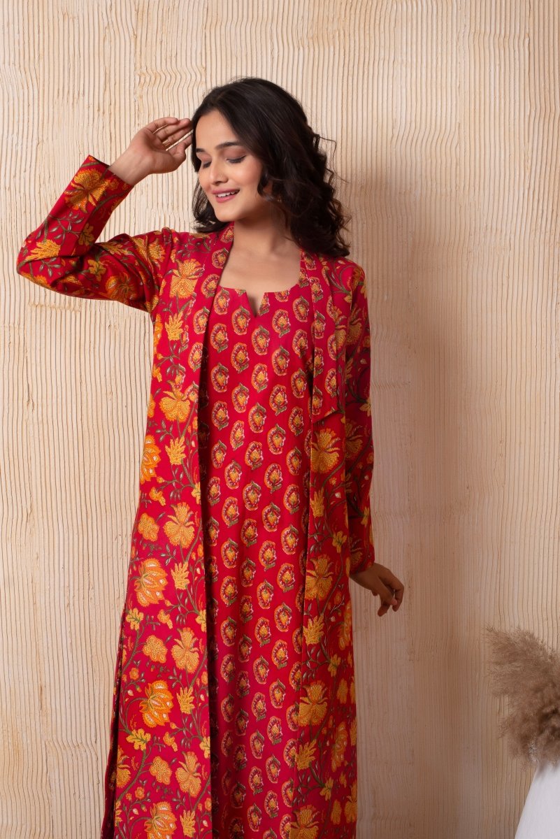 DHOOP - CHAAV RAHA RED COTTON HAND BLOCK KURTA AND PANT WITH BLAZER - Pomcha Jaipur