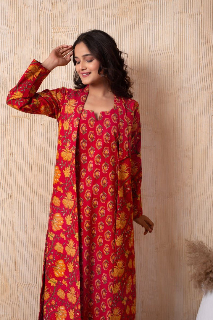 DHOOP - CHAAV RAHA RED COTTON HAND BLOCK KURTA AND PANT WITH BLAZER - Pomcha Jaipur