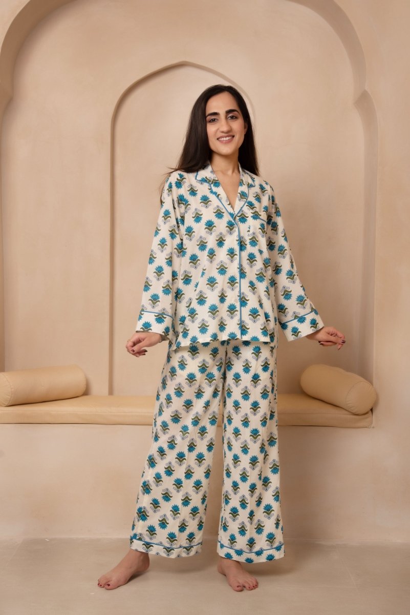 DHOOP CHAAV SAANJH BLUE MOTIF NIGHT SUIT SET - Pomcha Jaipur
