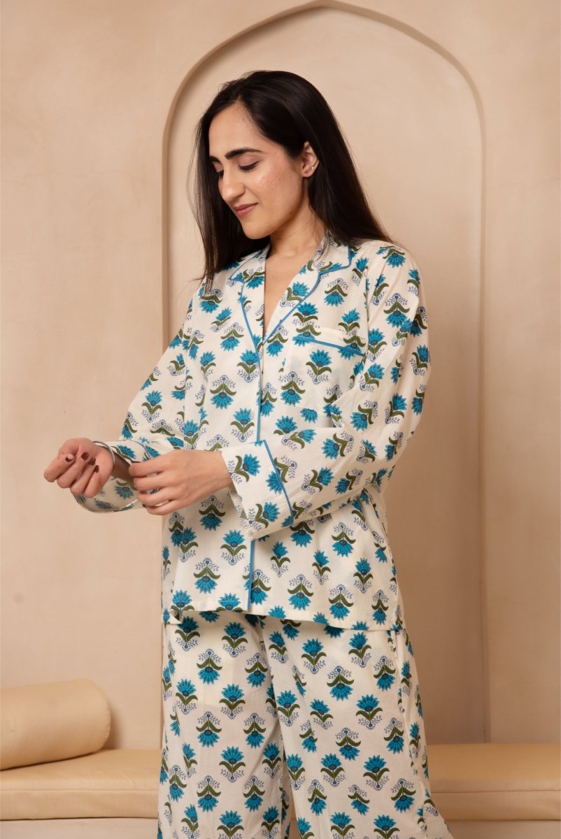 DHOOP CHAAV SAANJH BLUE MOTIF NIGHT SUIT SET - Pomcha Jaipur