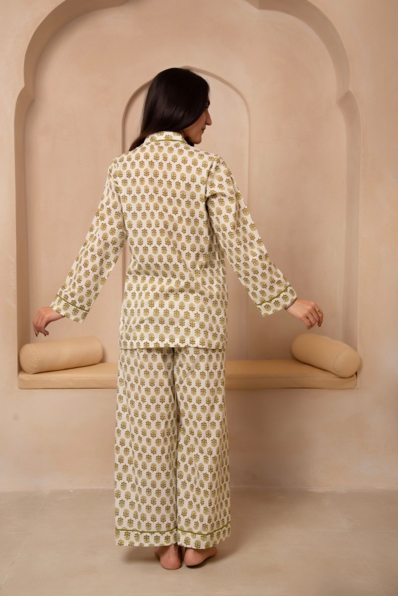 DHOOP CHAAV SAANJH GREEN MOTIF NIGHT SUIT SET - Pomcha Jaipur