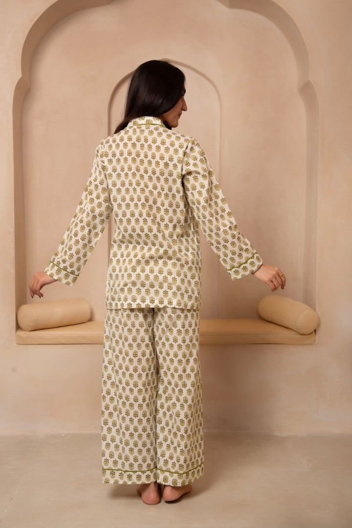 DHOOP CHAAV SAANJH GREEN MOTIF NIGHT SUIT SET - Pomcha Jaipur