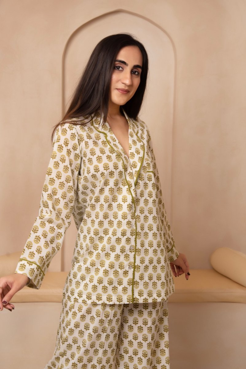 DHOOP CHAAV SAANJH GREEN MOTIF NIGHT SUIT SET - Pomcha Jaipur