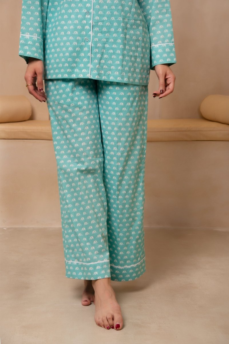 DHOOP CHAAV SAANJH TURQUOISE BLUE NIGHT SUIT SET - Pomcha Jaipur
