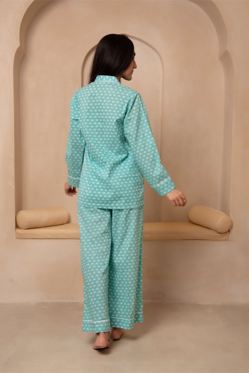 DHOOP CHAAV SAANJH TURQUOISE BLUE NIGHT SUIT SET - Pomcha Jaipur