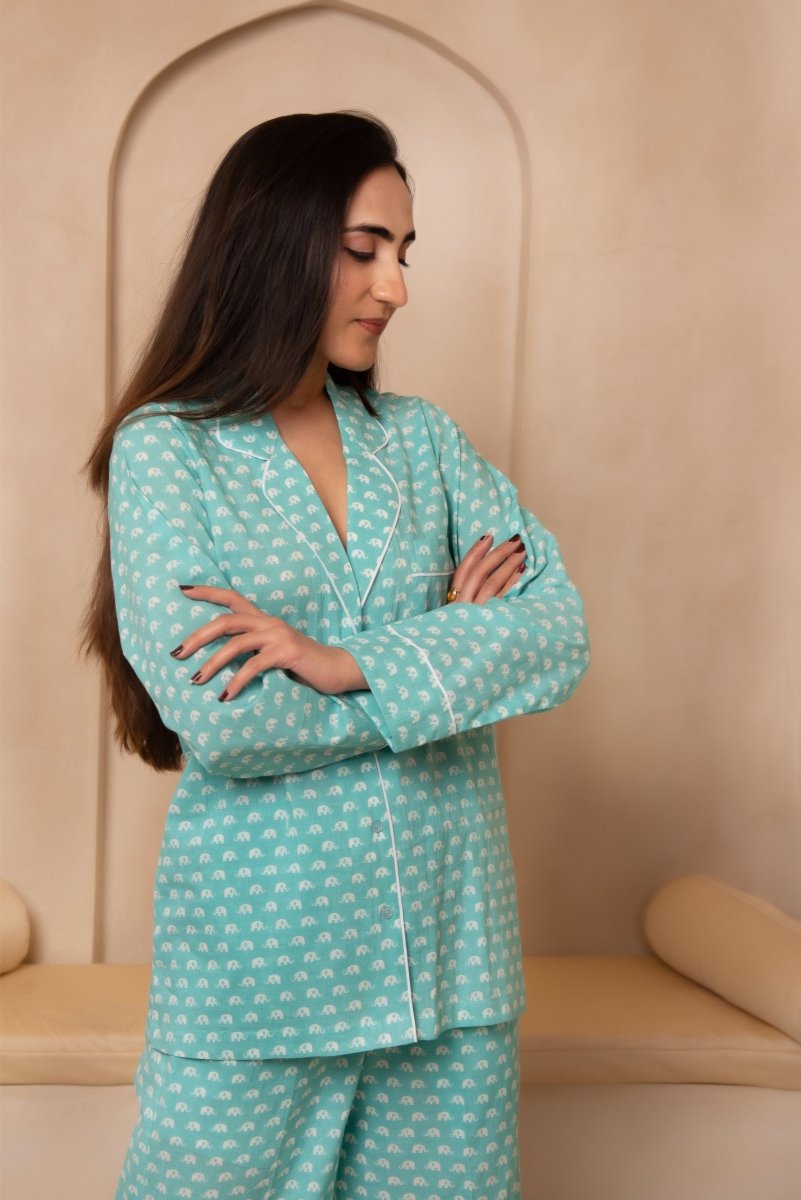 DHOOP CHAAV SAANJH TURQUOISE BLUE NIGHT SUIT SET - Pomcha Jaipur
