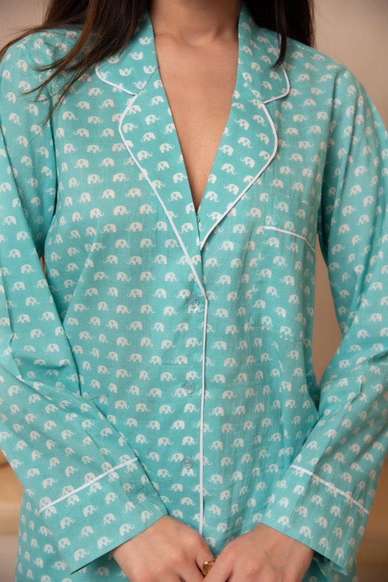 DHOOP CHAAV SAANJH TURQUOISE BLUE NIGHT SUIT SET - Pomcha Jaipur