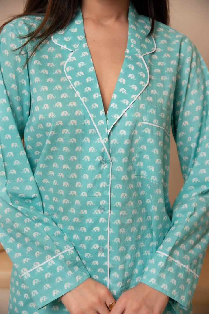 DHOOP CHAAV SAANJH TURQUOISE BLUE NIGHT SUIT SET - Pomcha Jaipur