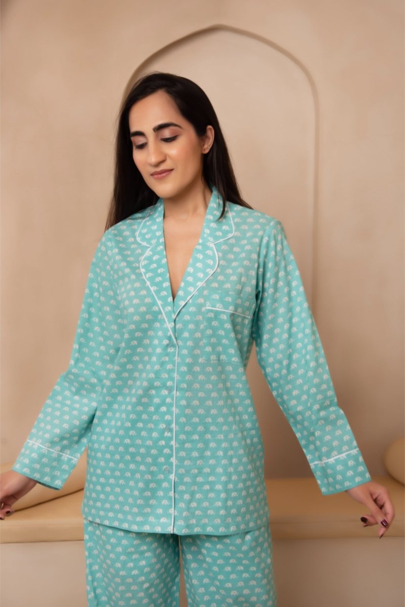 DHOOP CHAAV SAANJH TURQUOISE BLUE NIGHT SUIT SET - Pomcha Jaipur