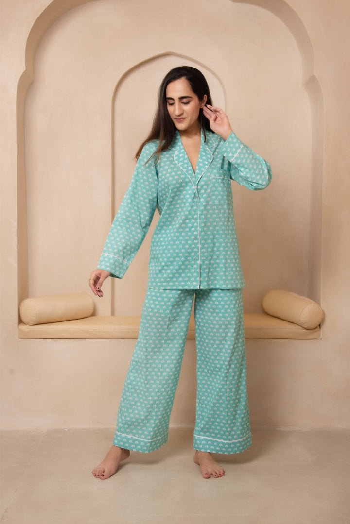 DHOOP CHAAV SAANJH TURQUOISE BLUE NIGHT SUIT SET - Pomcha Jaipur