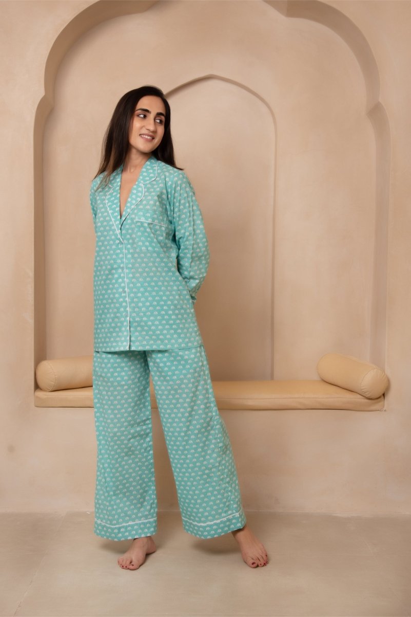 DHOOP CHAAV SAANJH TURQUOISE BLUE NIGHT SUIT SET - Pomcha Jaipur