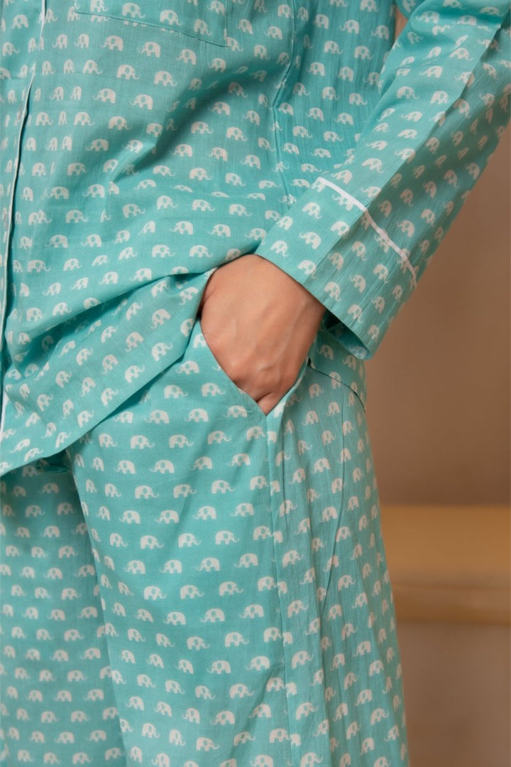 DHOOP CHAAV SAANJH TURQUOISE BLUE NIGHT SUIT SET - Pomcha Jaipur