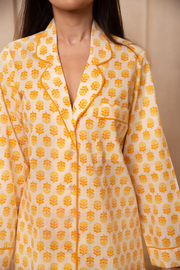 DHOOP CHAAV SAANJH YELLOW MOTIF NIGHT SUIT SET - Pomcha Jaipur