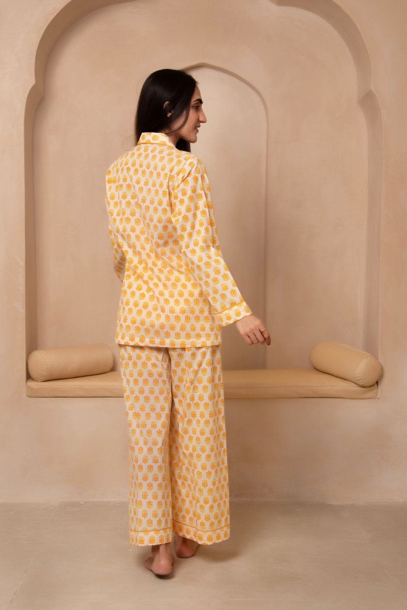 DHOOP CHAAV SAANJH YELLOW MOTIF NIGHT SUIT SET - Pomcha Jaipur