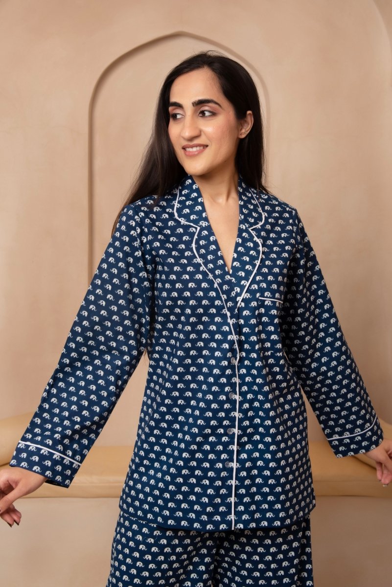 DHOOP CHAAV SANJH NAVY BLUE NIGHT SUIT SET - Pomcha Jaipur