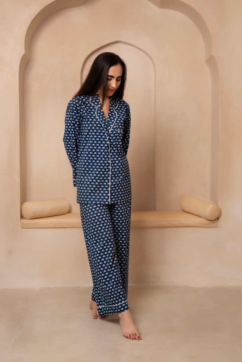 DHOOP CHAAV SANJH NAVY BLUE NIGHT SUIT SET - Pomcha Jaipur