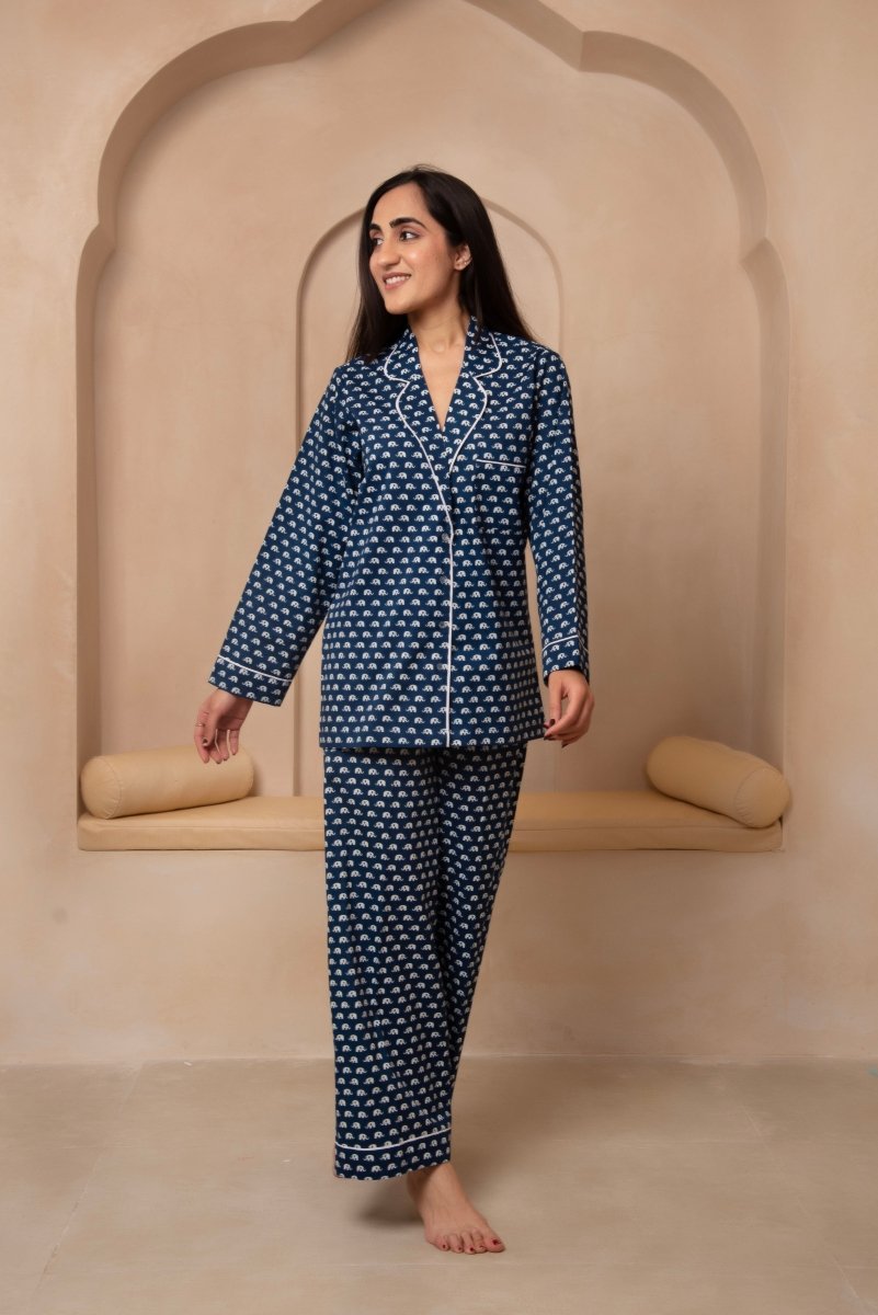 DHOOP CHAAV SANJH NAVY BLUE NIGHT SUIT SET - Pomcha Jaipur