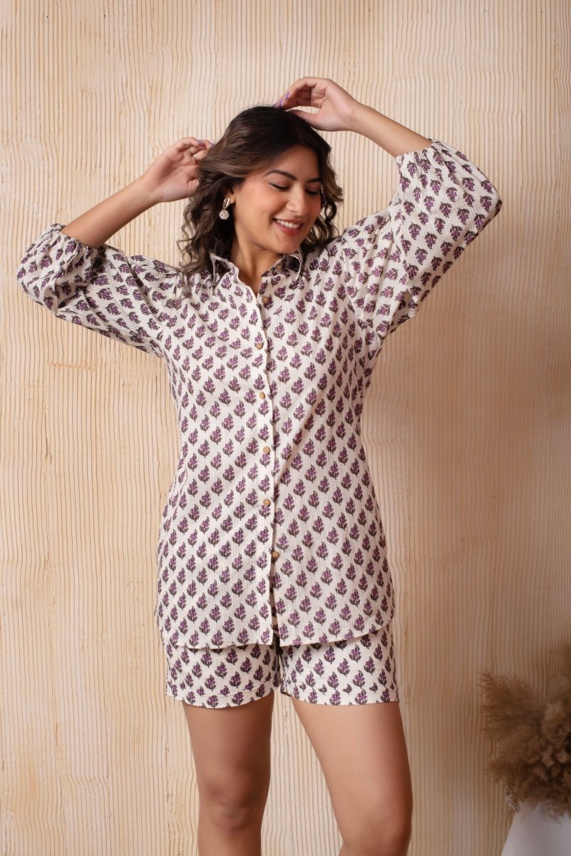 DHOOP CHAAV SARINA WHITE HAND BLOCK CO - ORD SET - Pomcha Jaipur